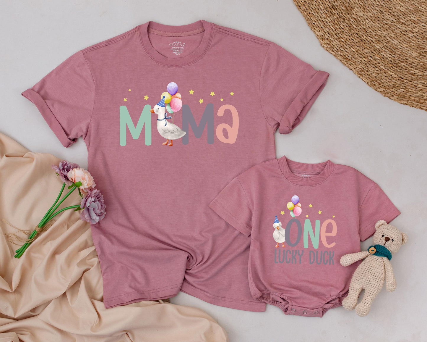One Lucky Duck First Birthday Matching Family Shirts Pastel Duck Birthday Outfit Teal Peach Gray Baby Girl Party Tee Playful 1st Birthday Apparel
