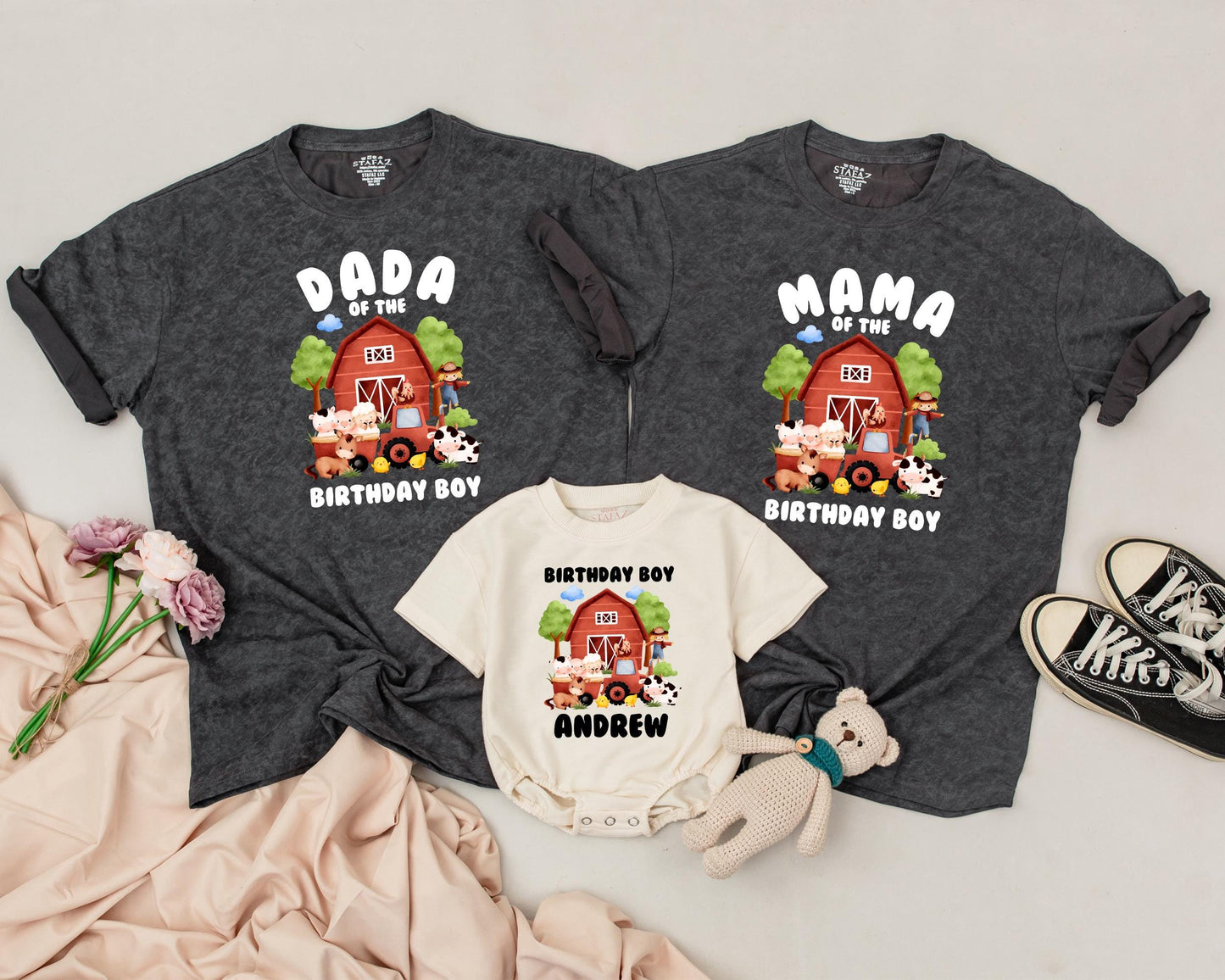 Personalized Farm Birthday Shirt Matching Family Barnyard Fun Cow Chick Pig Horse T-Shirt Cute Farm Theme Party Outfit
