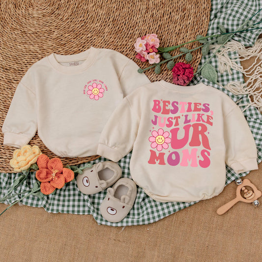 Besties Just Like Our Moms Retro Baby Romper Cute Pink Wavy Font Flower Smiley Face Starbursts Playful Friendship Outfit Baby Girl Gift Shower Present