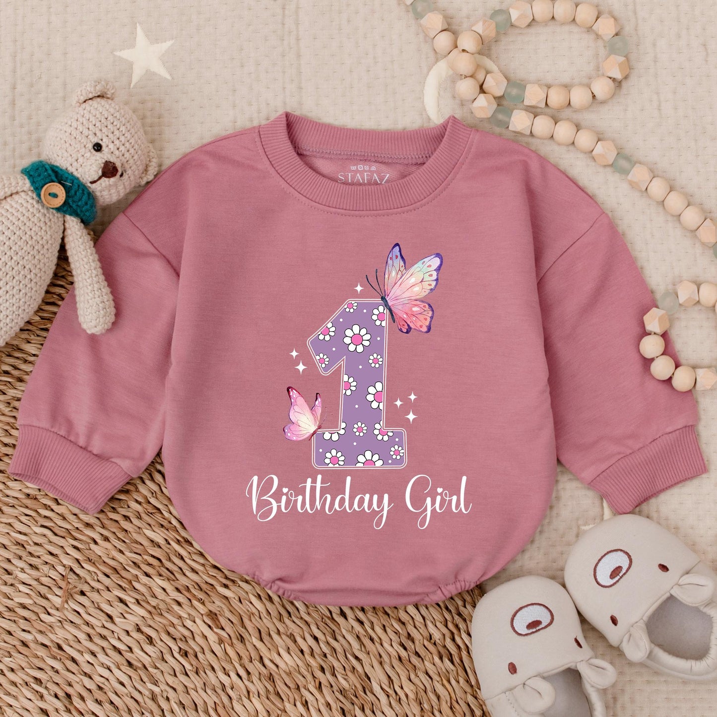 Birthday Girl Butterfly Bubble Romper Baby Bodysuit First Birthday Outfit Adorable Baby Girl Party Celebration Clothes Soft Comfortable Cotton Gift