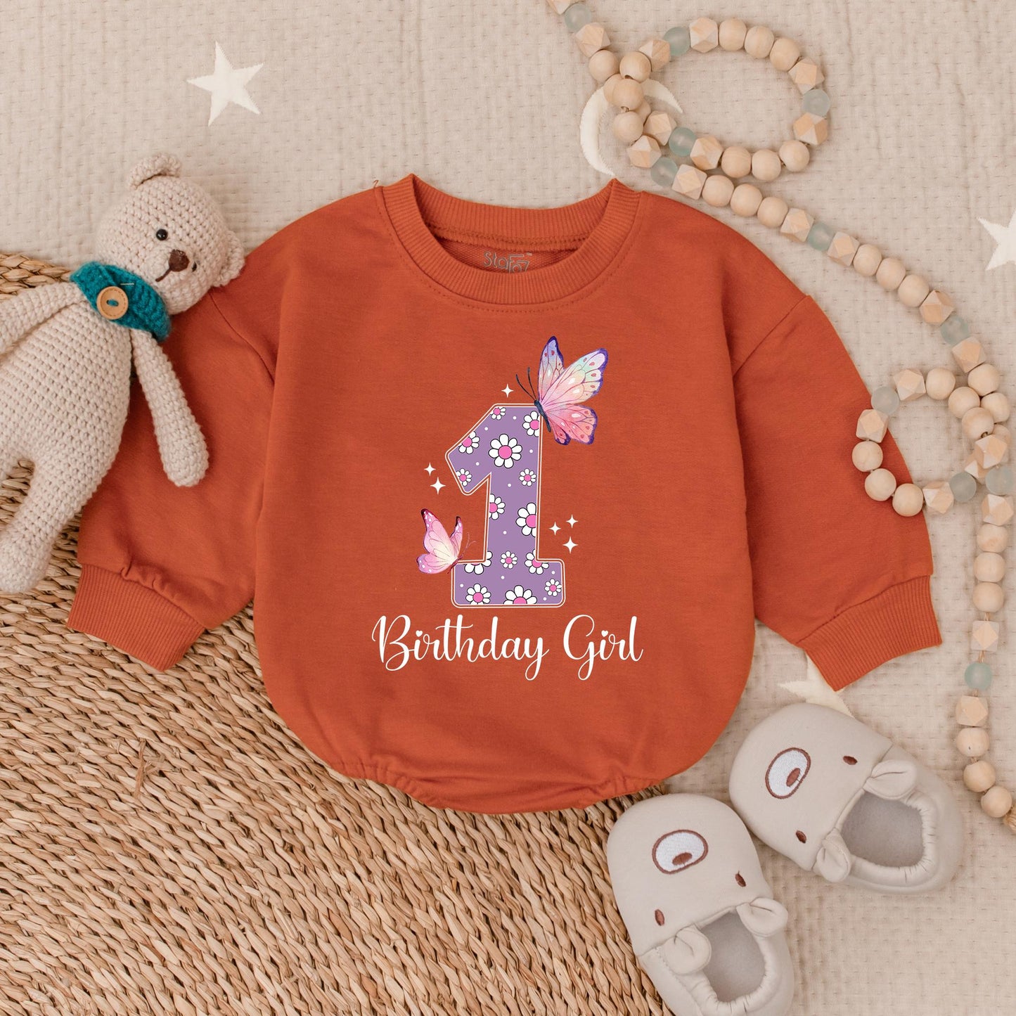 Birthday Girl Butterfly Bubble Romper Baby Bodysuit First Birthday Outfit Adorable Baby Girl Party Celebration Clothes Soft Comfortable Cotton Gift