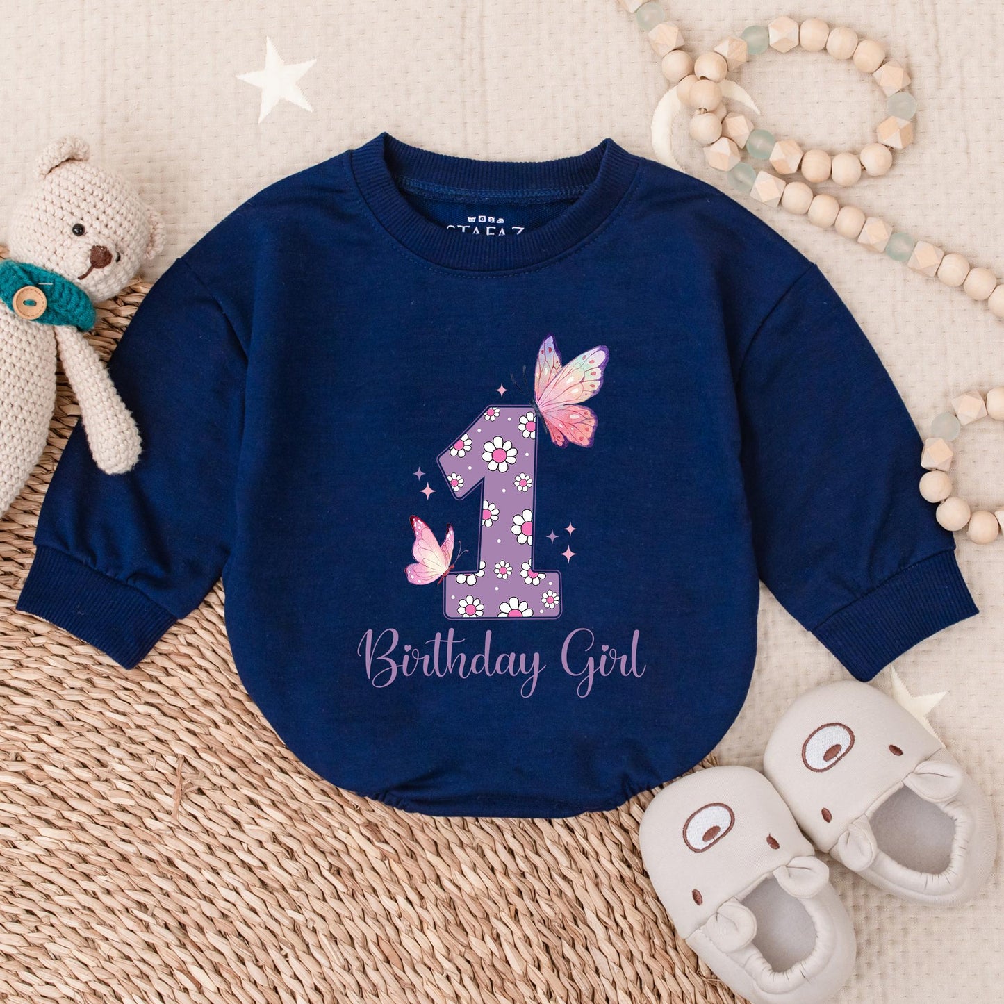 Birthday Girl Butterfly Bubble Romper Baby Bodysuit First Birthday Outfit Adorable Baby Girl Party Celebration Clothes Soft Comfortable Cotton Gift