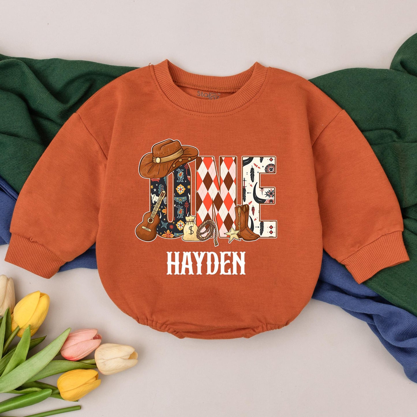 Hayden's 1st Rodeo Birthday Romper: Western ONE Design with Cowboy Hat, Boots & Sheriff Star, Personalized Baby Boy Outfit
