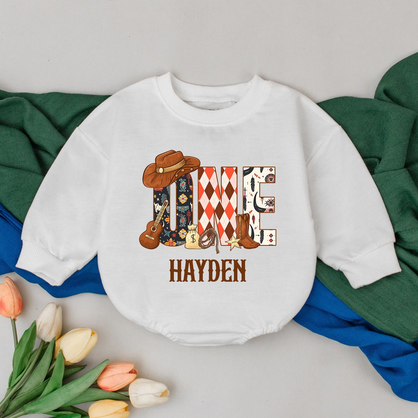 Hayden's 1st Rodeo Birthday Romper: Western ONE Design with Cowboy Hat, Boots & Sheriff Star, Personalized Baby Boy Outfit