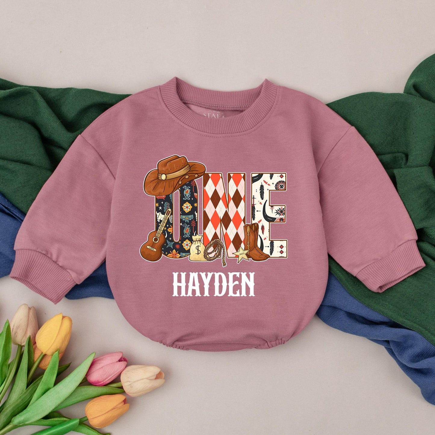 Hayden's 1st Rodeo Birthday Romper: Western ONE Design with Cowboy Hat, Boots & Sheriff Star, Personalized Baby Boy Outfit