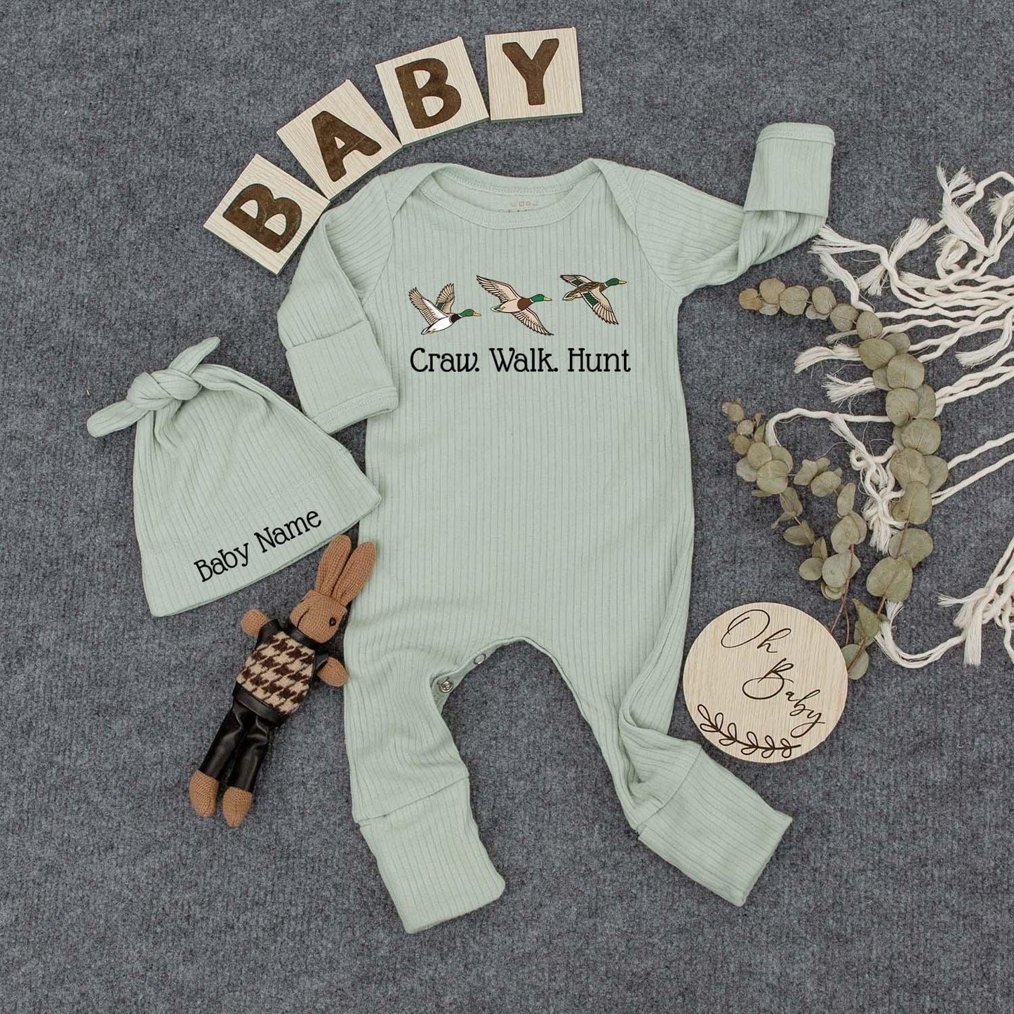 Craw Walk Hunt Baby Bodysuit & Hat Set: Duck Hunting Newborn Outfit, Personalized Baby Shower Gift, New Baby Clothes