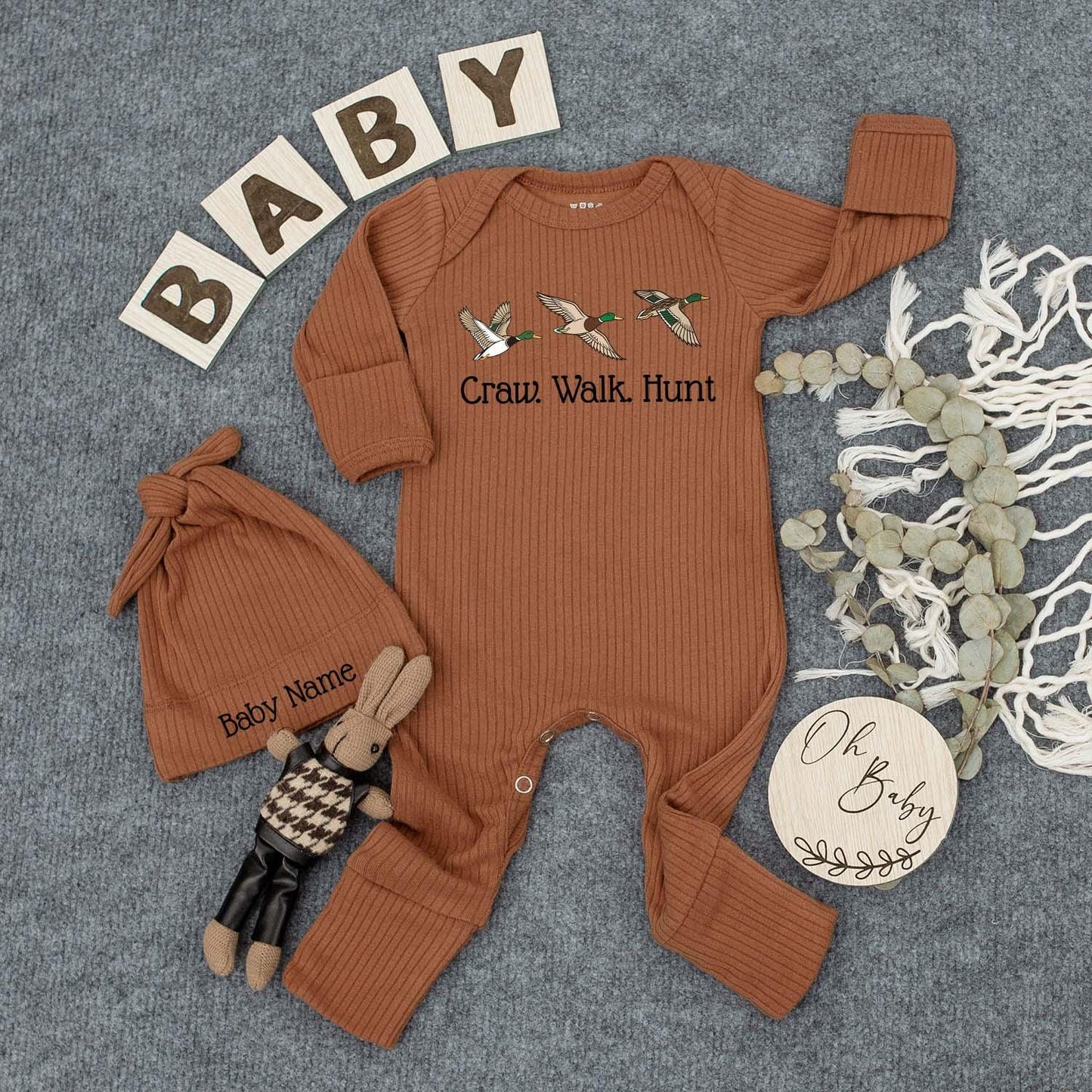 Craw Walk Hunt Baby Bodysuit & Hat Set: Duck Hunting Newborn Outfit, Personalized Baby Shower Gift, New Baby Clothes