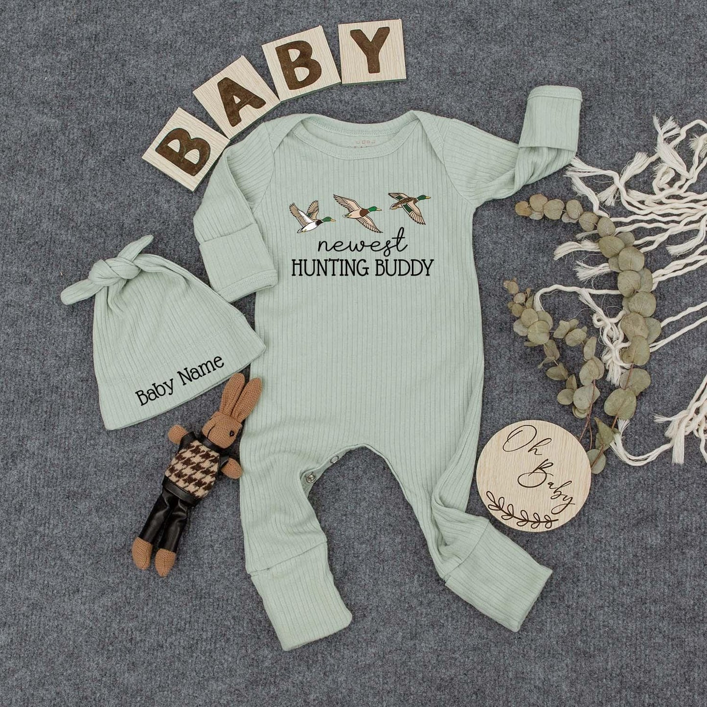 Duck Hunting Buddy Personalized Baby Bodysuit and Hat Set Newborn Going Home Outfit Custom Gift for Baby Shower 136