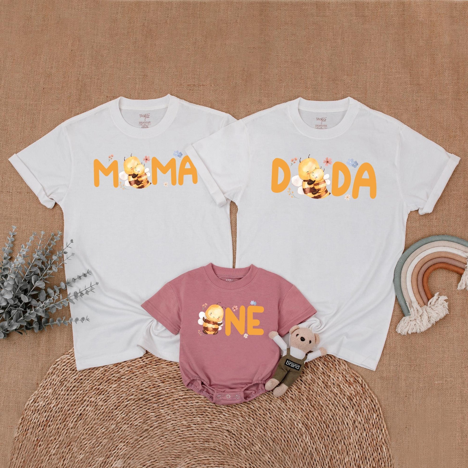 Matching Family Bee First Birthday Outfits for Baby Girl and Parents Sweet Bee Day Party Shirts Comfortable Romper Gift Set