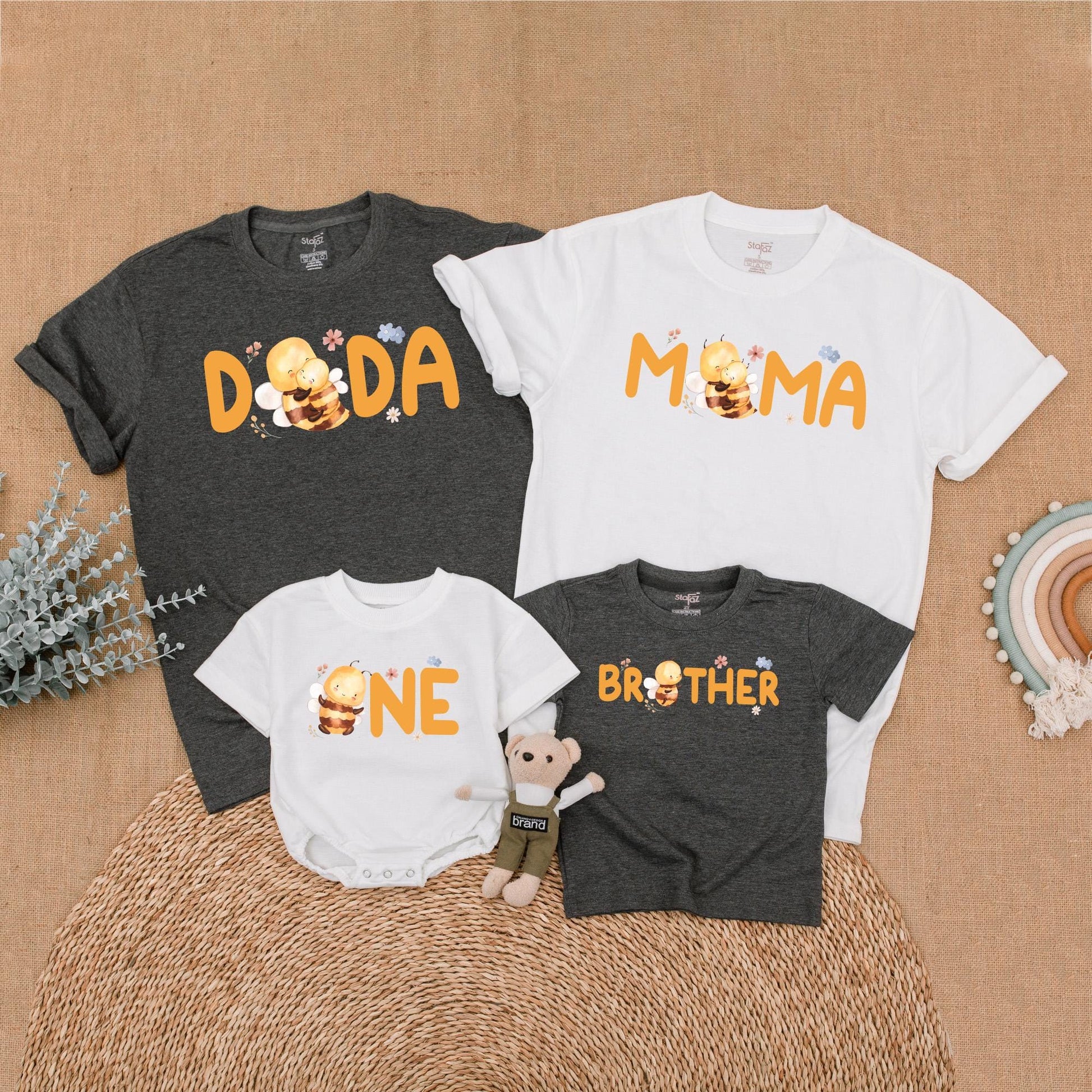 Matching Family Bee First Birthday Outfits for Baby Girl and Parents Sweet Bee Day Party Shirts Comfortable Romper Gift Set