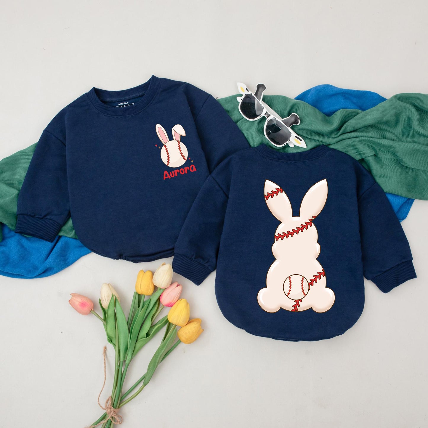 Personalized Easter Bunny Baseball Romper | 1st Easter Outfit for Baby Girl, Retro Game Day Gameday Season Gift | Custom Name Baseball Bubble Romper