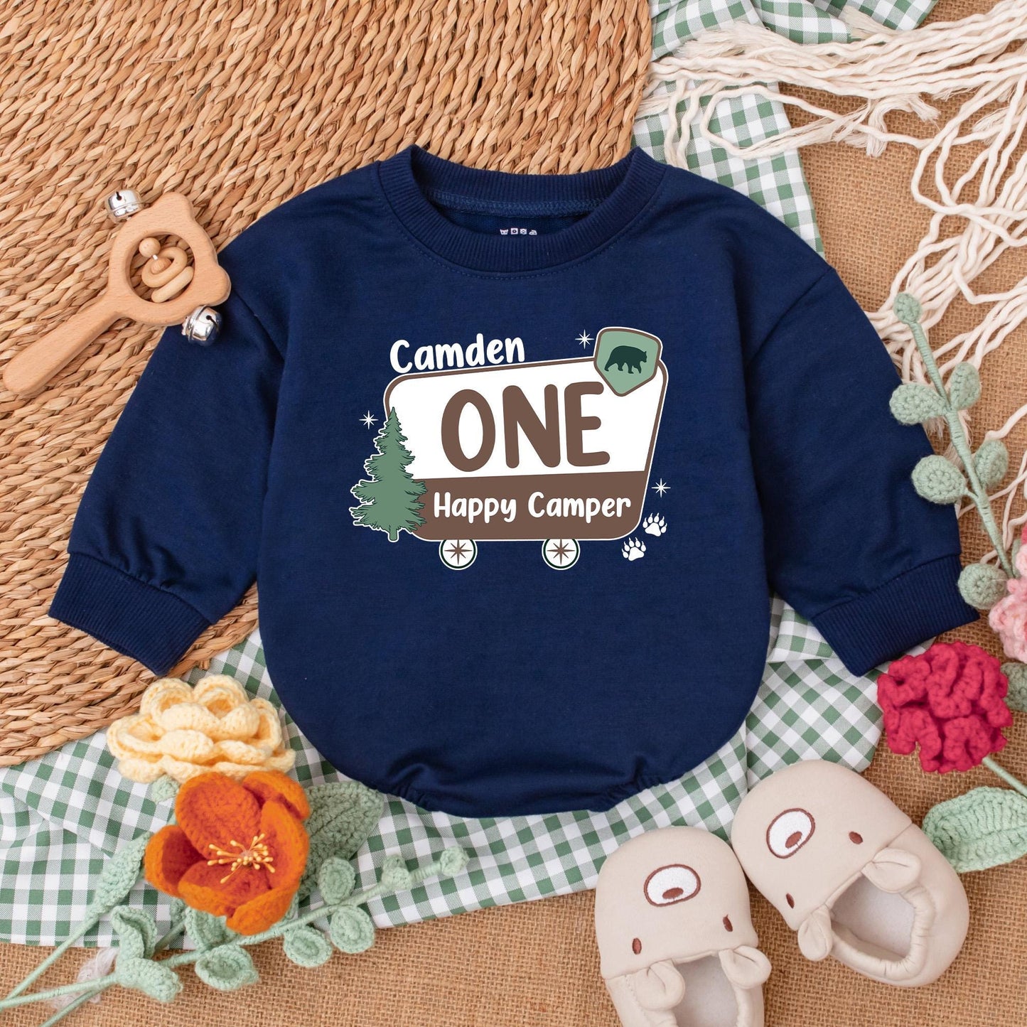 Personalized One Happy Camper Romper Camping First Birthday Outfit for Boys Adventure Baby Clothes