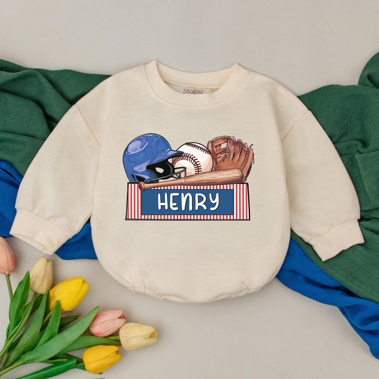 Personalized Name Baseball Baby Romper for Gameday Fun! Retro Baseball Outfit, Natural Bubble Romper, Baby Boy Gift, Newborn