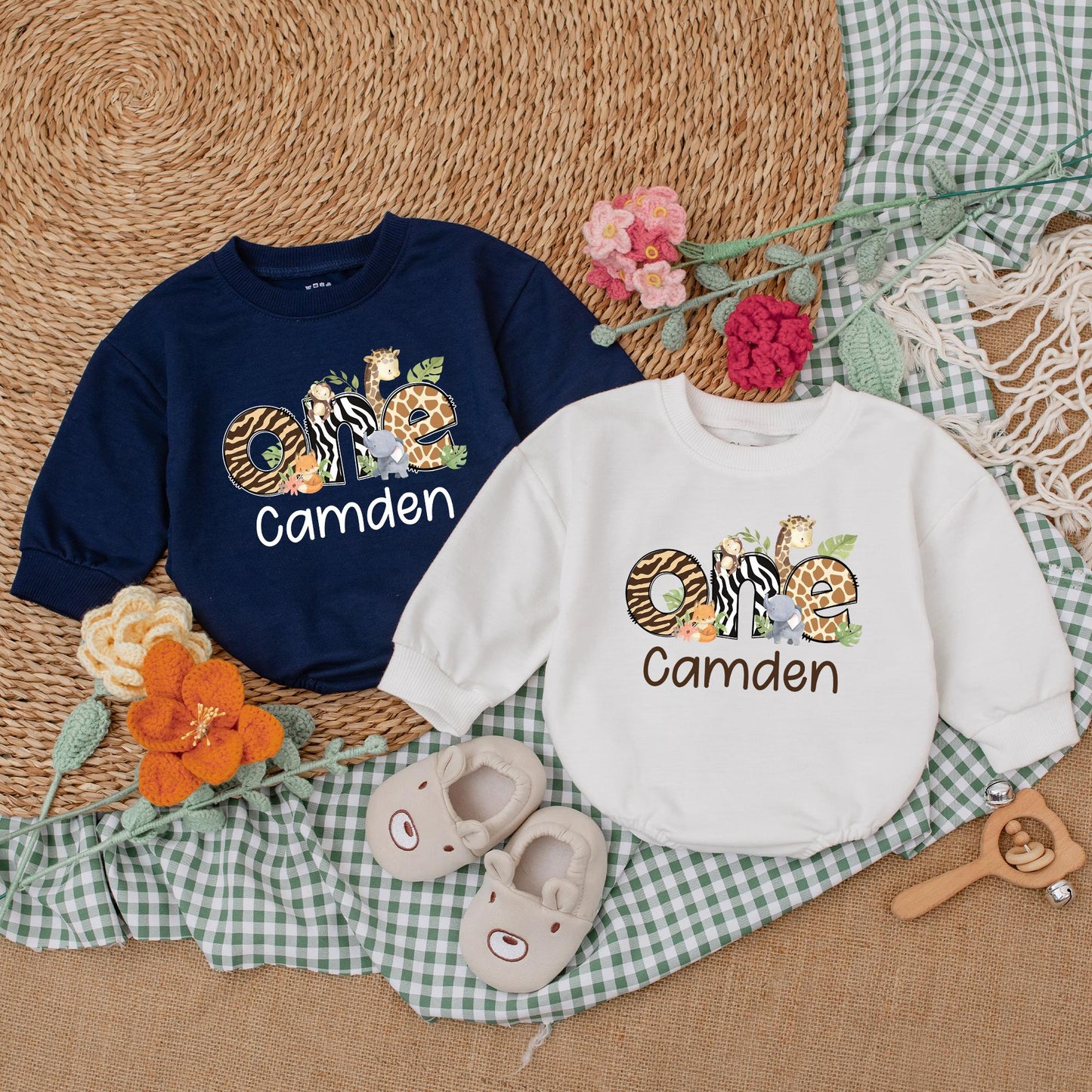 Wild One Safari Animals Romper Baby Boy 1st Birthday Outfit Safari Birthday Bodysuit First Birthday Boy Clothes