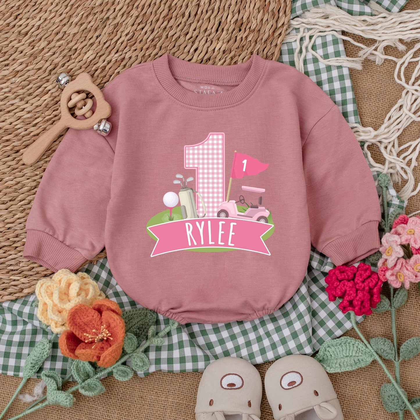 Personalized Pink Hole in One Golf Romper Baby Girl First Birthday Outfit Custom Golf Bodysuit Bubble Romper Gift