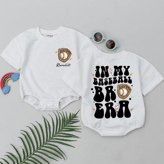 Personalized Retro Baseball Bro Era Baby Boy Short Sleeve Bubble Romper for Gameday Season Vintage Playful Style Outfit with Lightning Bolts