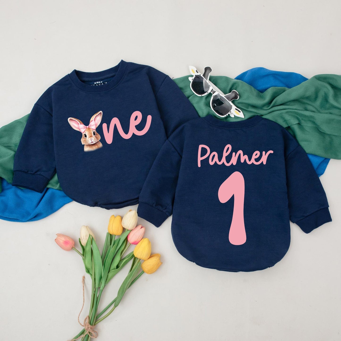 Bunny One Romper with Pink Bow for Baby Girl First Birthday Easter Outfit Custom Name Palmer Soft Pastel
