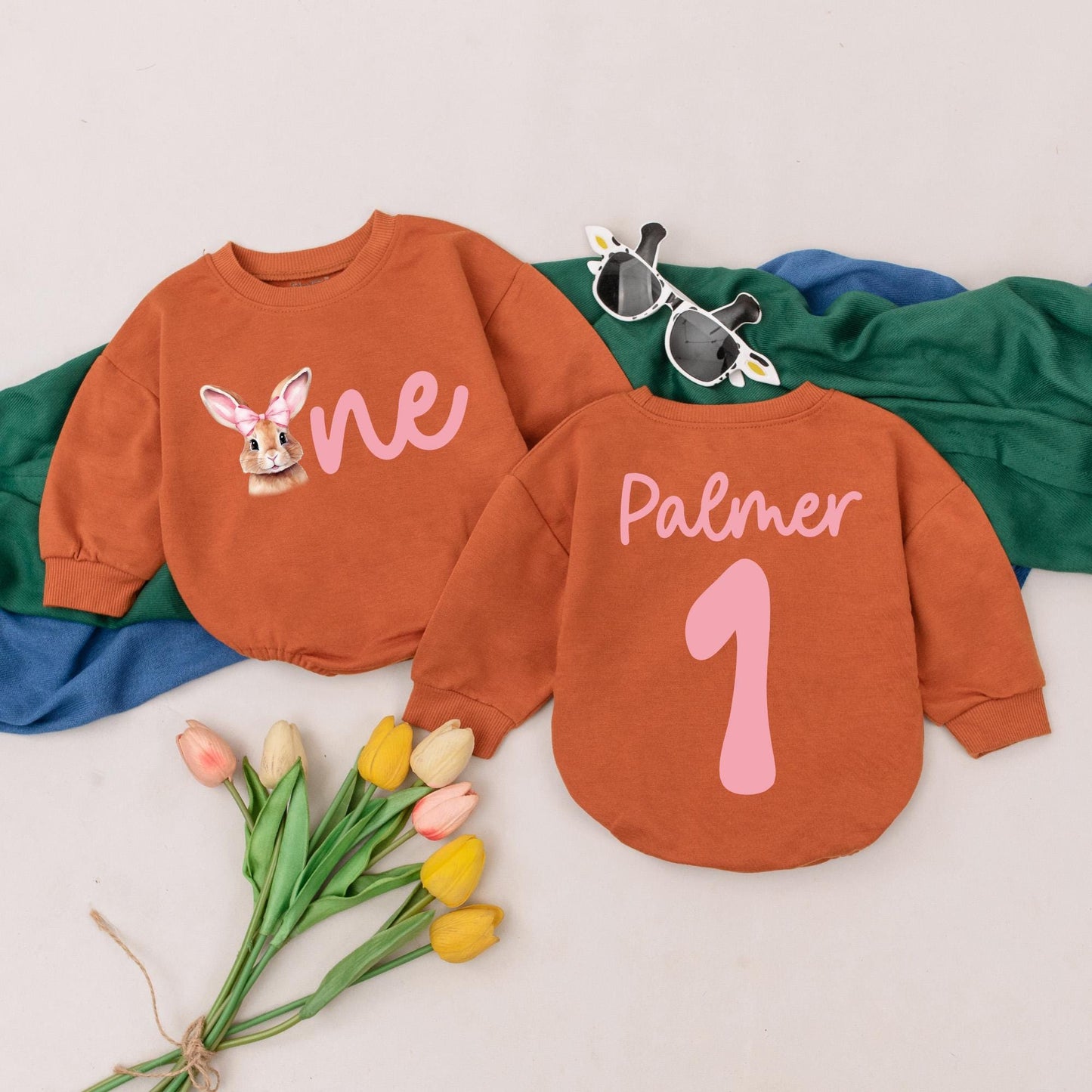 Bunny One Romper with Pink Bow for Baby Girl First Birthday Easter Outfit Custom Name Palmer Soft Pastel