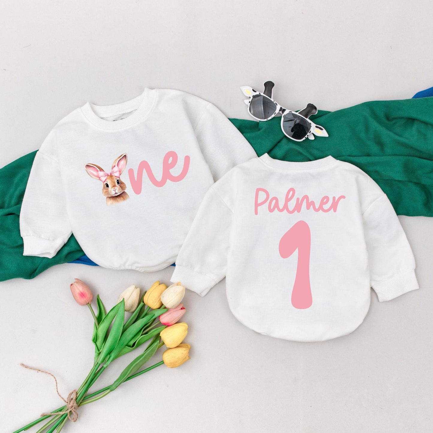Bunny One Romper with Pink Bow for Baby Girl First Birthday Easter Outfit Custom Name Palmer Soft Pastel