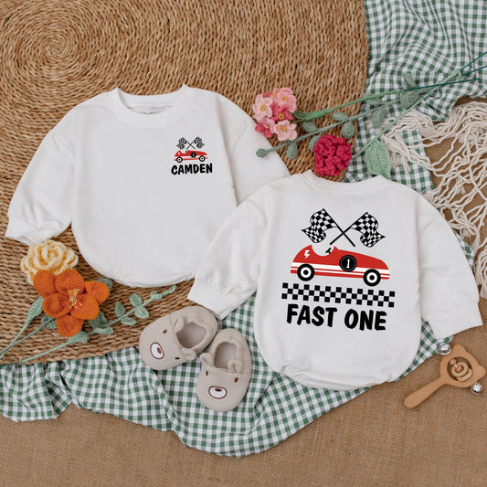 Fast One Birthday Romper Boys Racecar Theme Bubble Bodysuit First Birthday Outfit Custom Name Welcome to the 1 Year Old Club