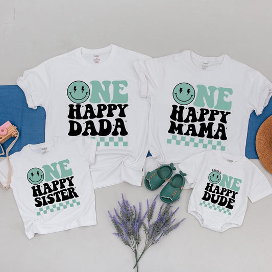 One Happy Dude 1st Birthday Family Matching Shirts, Smiley Face Cool Dude Celebration Outfit