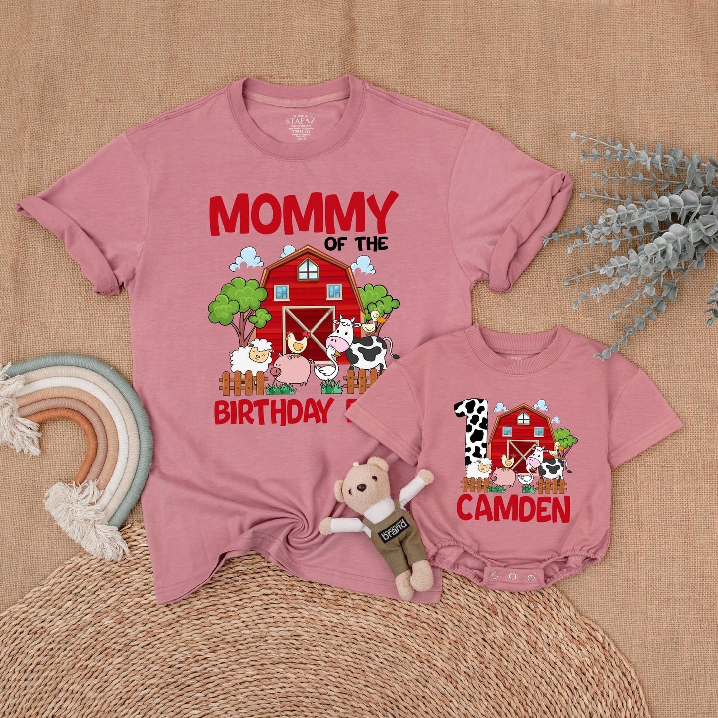 Personalized Farm Birthday Family Matching Shirts Barnyard Theme Custom Animal Party Outfits for Mom and Baby
