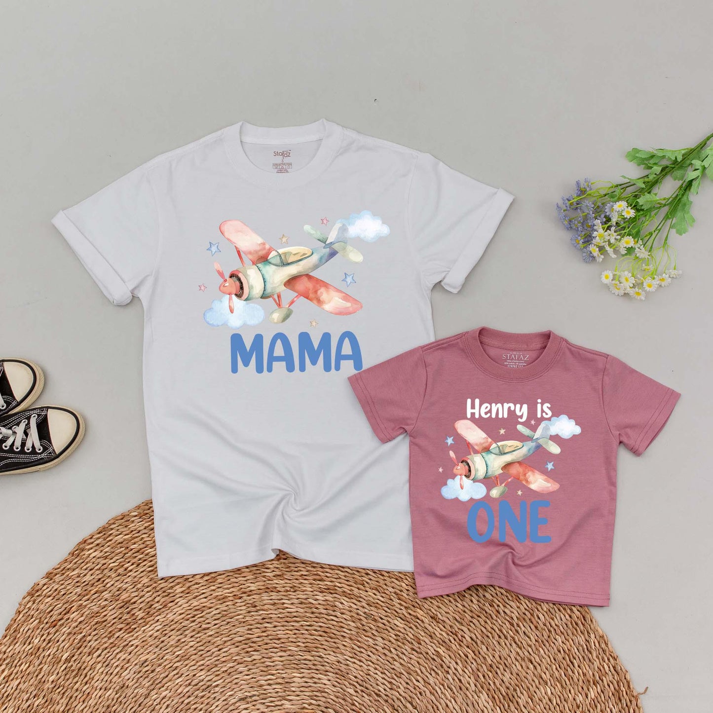 Time Flies 1st Birthday Family Matching Shirts and Flying Into One Romper for Airplane Party