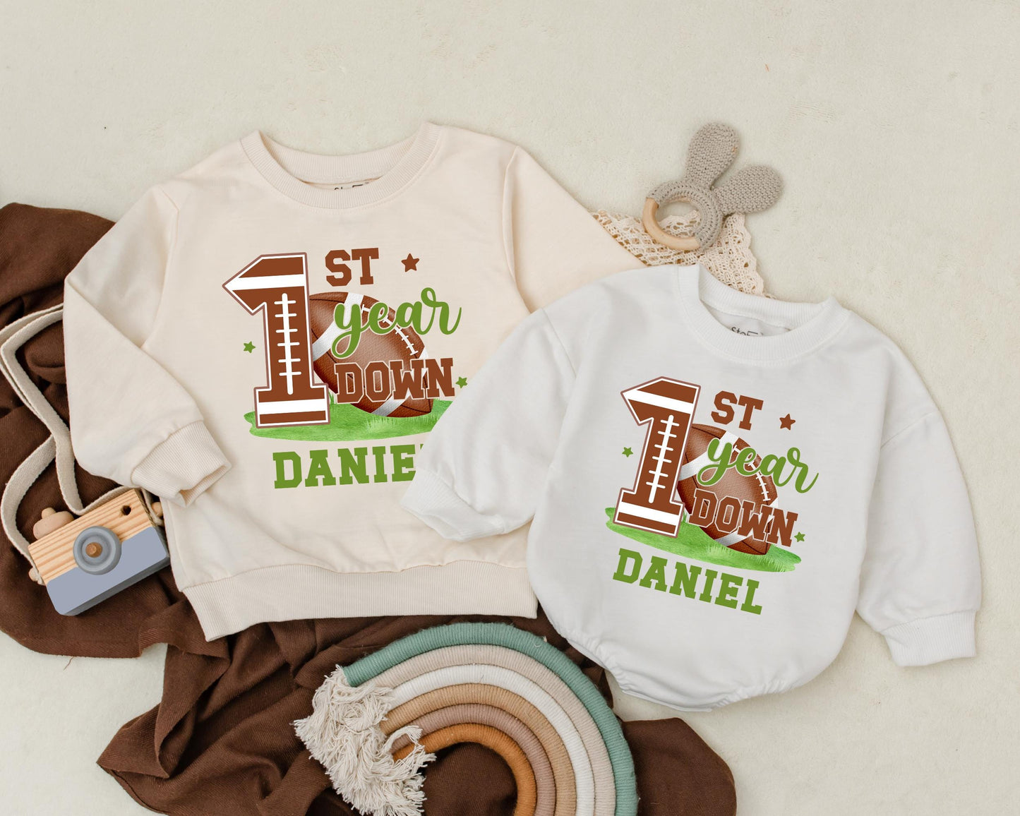 Football 1st Birthday Romper Baby Boy Outfit | Personalized Game Day Newborn Bodysuit First Down Clothes