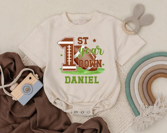 Football 1st Birthday Romper Baby Boy Outfit | Personalized Game Day Newborn Bodysuit First Down Clothes