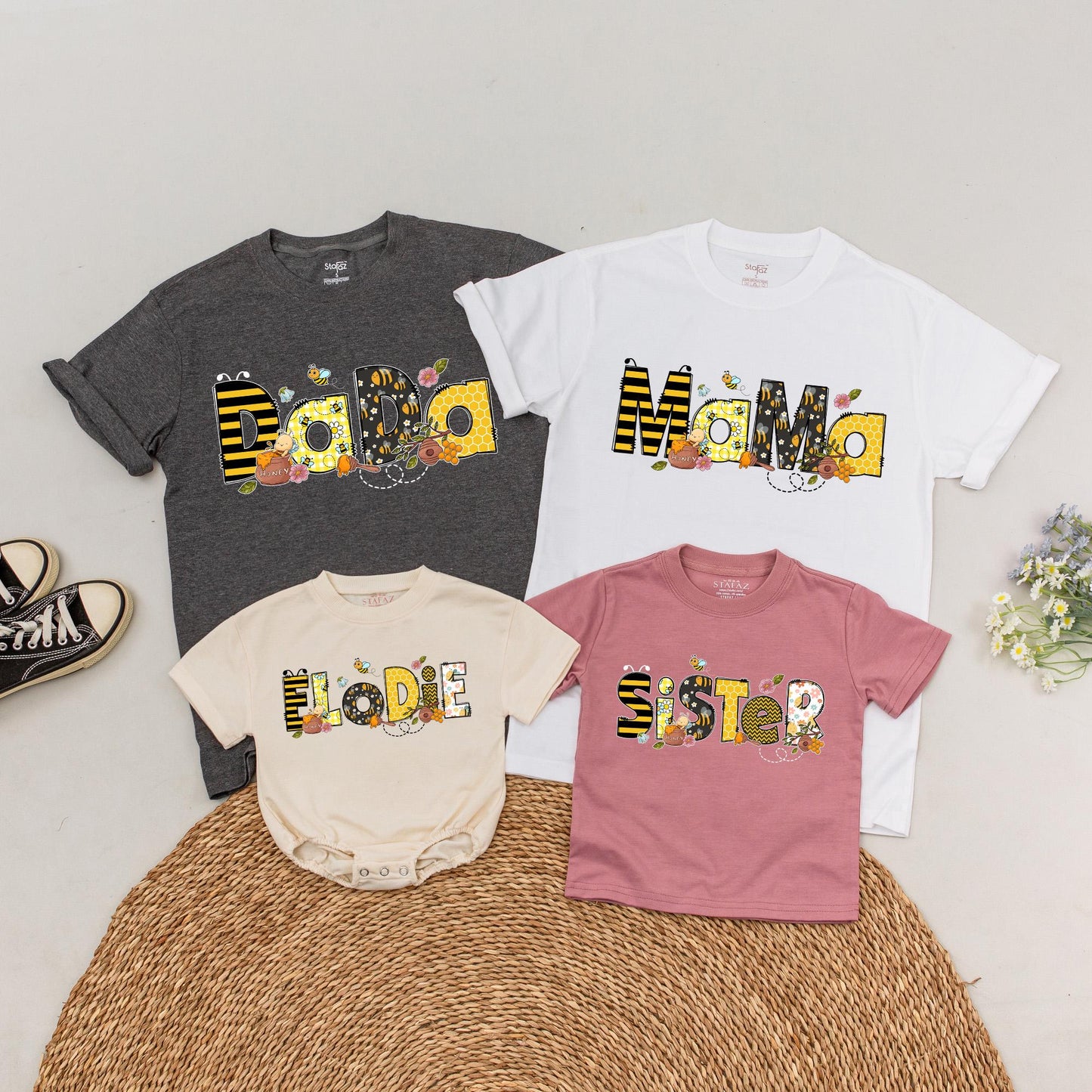 Personalized Bees Family First Birthday T-Shirt Romper Cute Bee Theme Mommy and Me Matching Outfit Baby Shower Gift Cotton