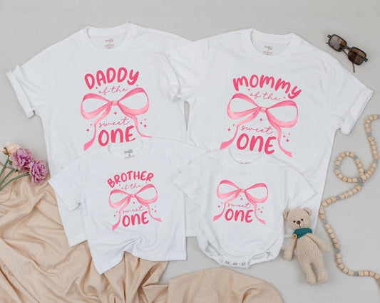 Pink Bow Sweet One First Birthday Family Matching Shirt Mommy Daddy Brother Outfit