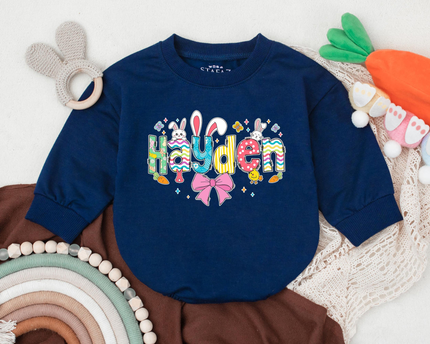 First Easter Baby Romper with Custom Name, Cute Bunny Design, Personalized Spring Baby Bodysuit, Baby Shower Gift for Girls