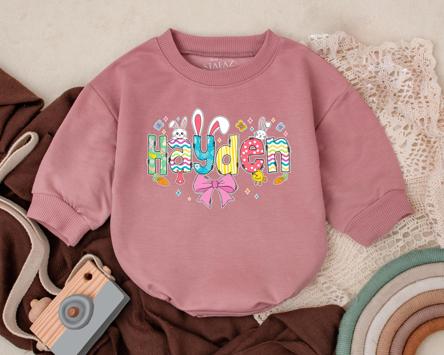First Easter Baby Romper with Custom Name, Cute Bunny Design, Personalized Spring Baby Bodysuit, Baby Shower Gift for Girls