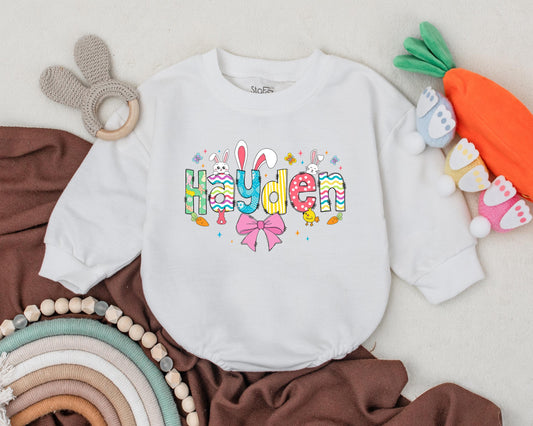 First Easter Baby Romper with Custom Name, Cute Bunny Design, Personalized Spring Baby Bodysuit, Baby Shower Gift for Girls