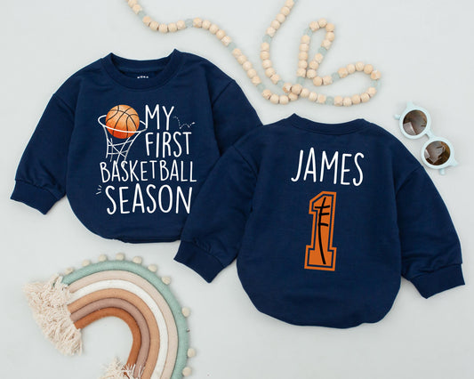 My First Basketball Season Romper Personalized 1 Year Down Birthday Outfit Baby Boy Bodysuit Game Day Celebration Clothes