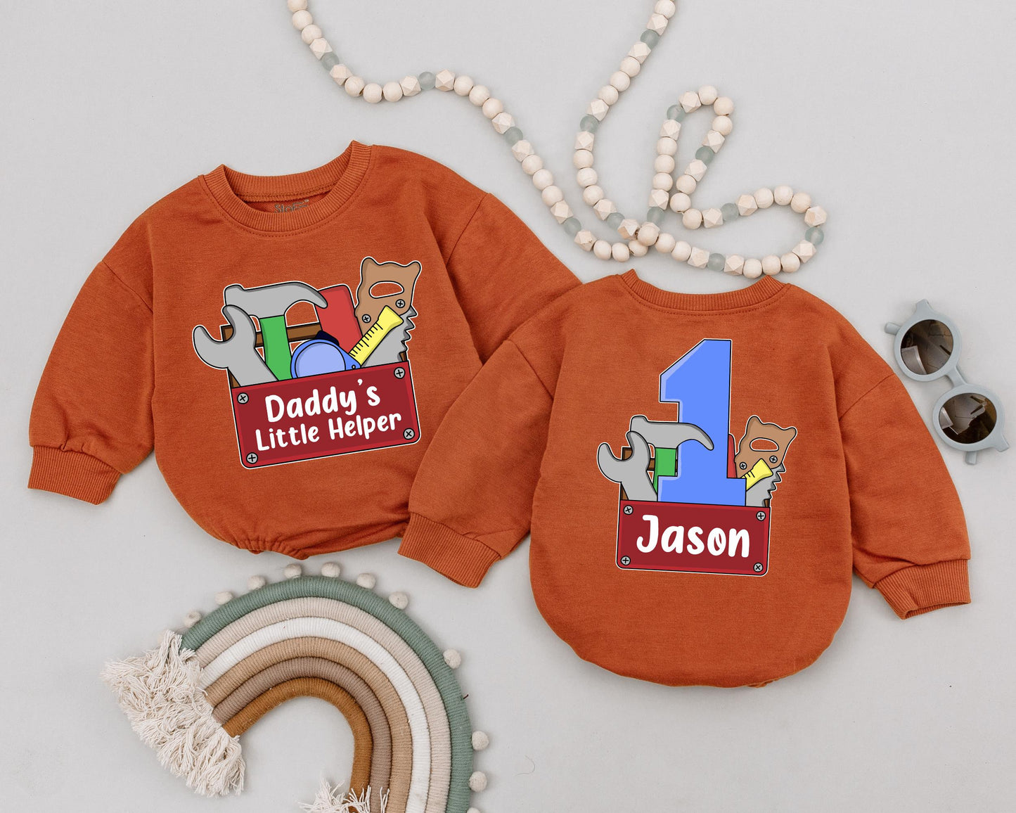 Personalized Daddy's Little Helper Baby Romper with Name First Birthday Father's Day Bodysuit Newborn Daddy's Boy Construction Outfit