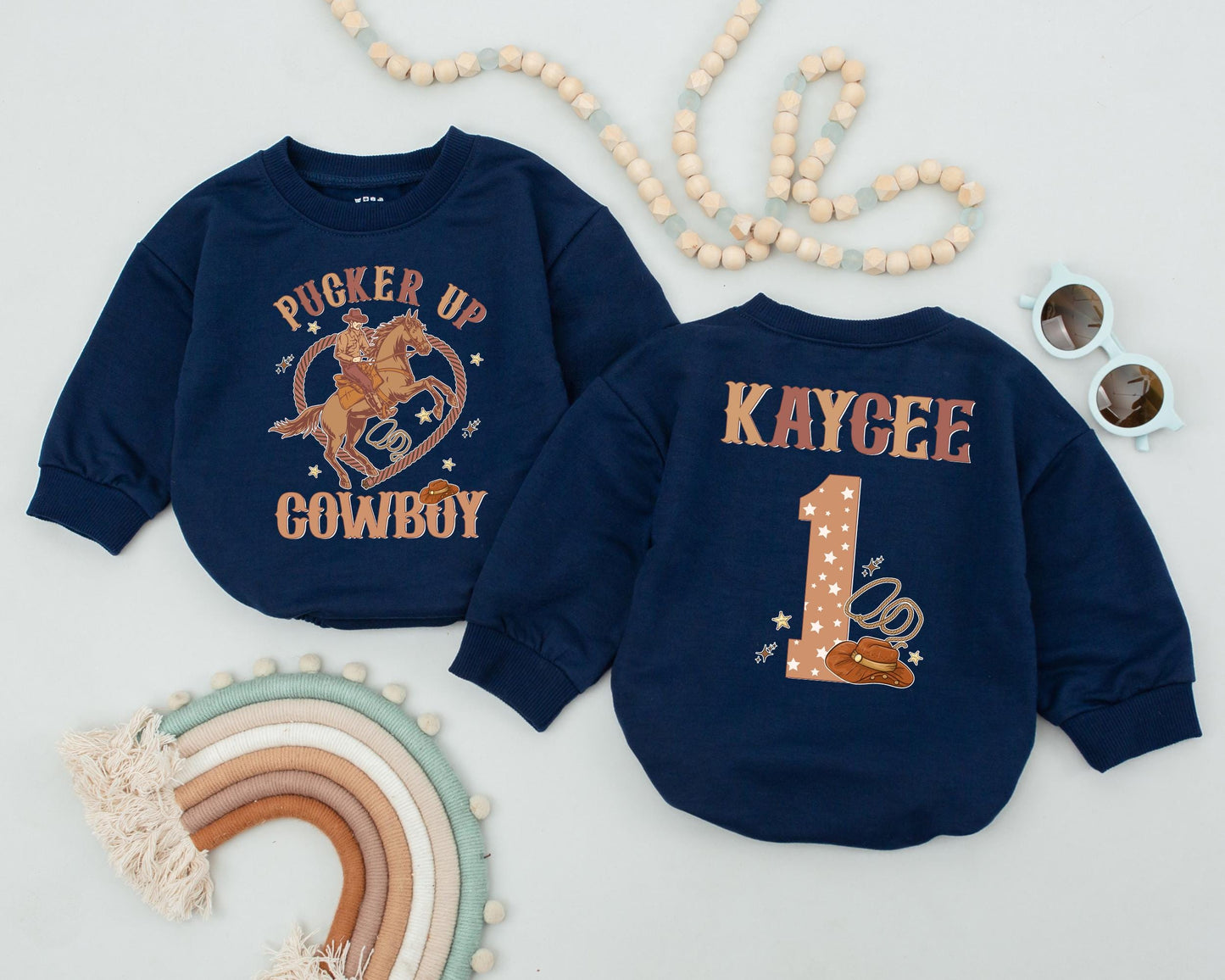 Pucker Up Cowboy Personalized Name Romper Western Baby Boy 1st Birthday Outfit Retro Cowboy Bodysuit Baby Shower Gift