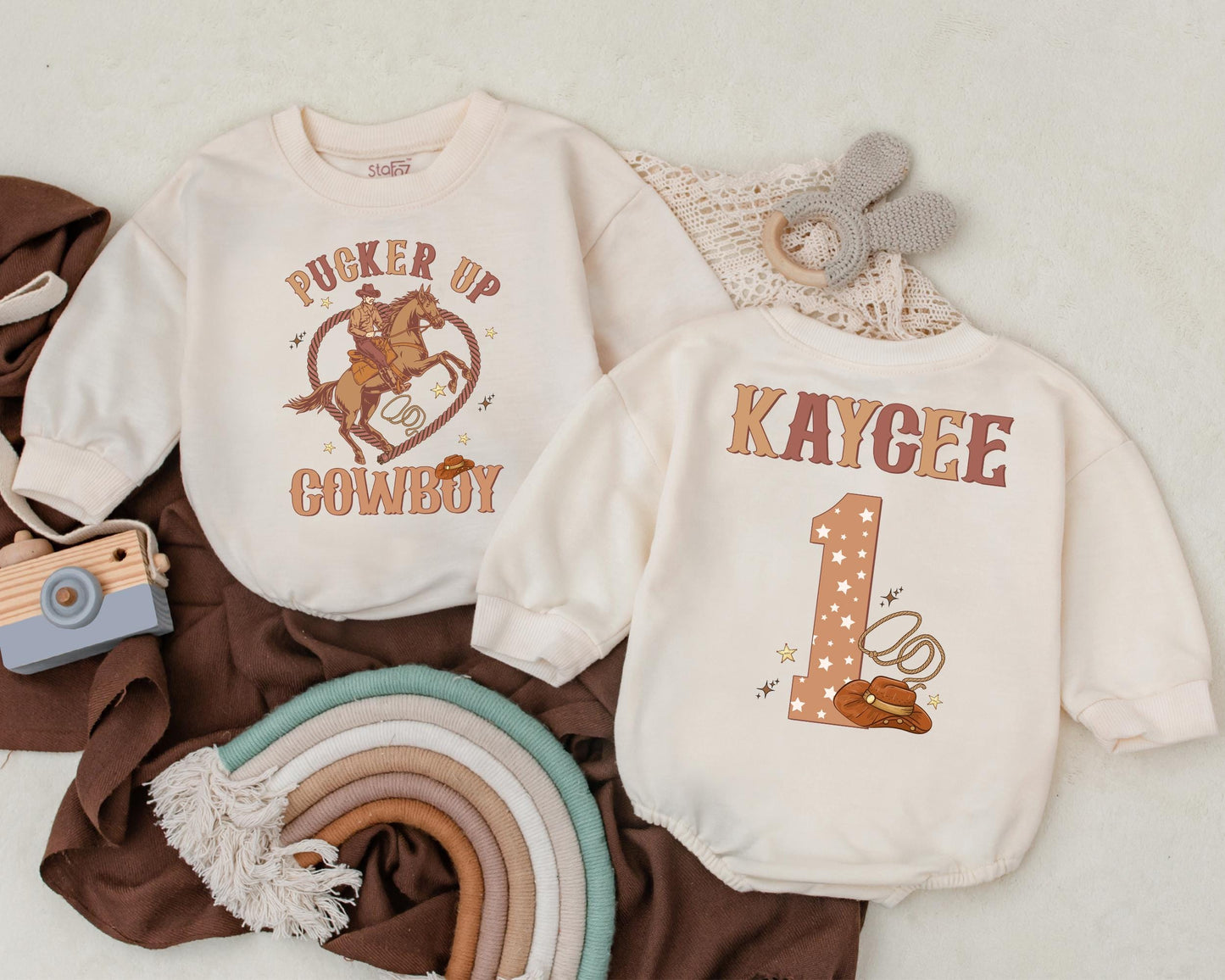 Pucker Up Cowboy Personalized Name Romper Western Baby Boy 1st Birthday Outfit Retro Cowboy Bodysuit Baby Shower Gift