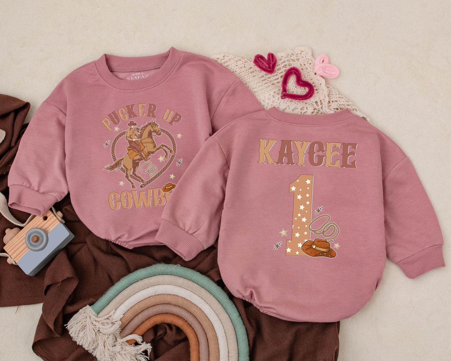 Pucker Up Cowboy Personalized Name Romper Western Baby Boy 1st Birthday Outfit Retro Cowboy Bodysuit Baby Shower Gift