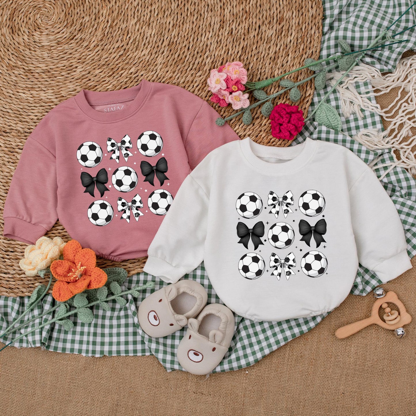 Cute Vintage Soccer Bow Baby Girl Romper Soft Gameday Outfit Bodysuit Clothes for Game Day Season Baby Shower Gift