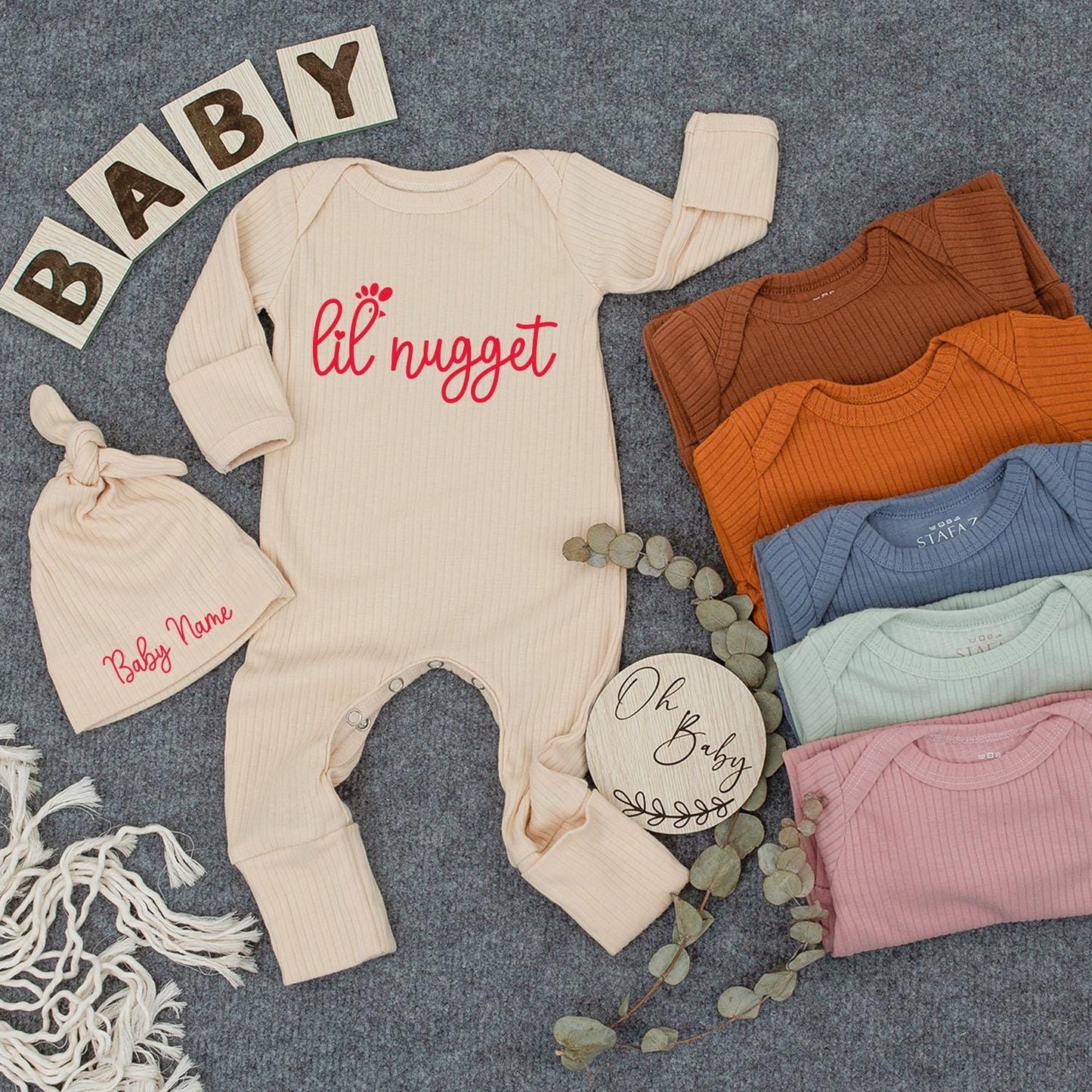 Lil Nugget Chicken Baby Bodysuit & Hat Set | Cute Newborn Announcement Gift, Coming Home Outfit for Baby, Pregnancy Reveal