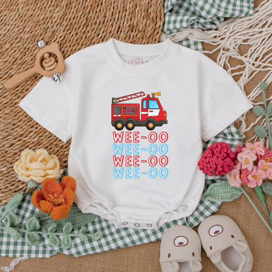 Wee-oo Firetruck Baby Romper Short Sleeve Bodysuit Firefighter Baby Boy Outfit Newborn Clothing Comfortable Cotton Fun Design
