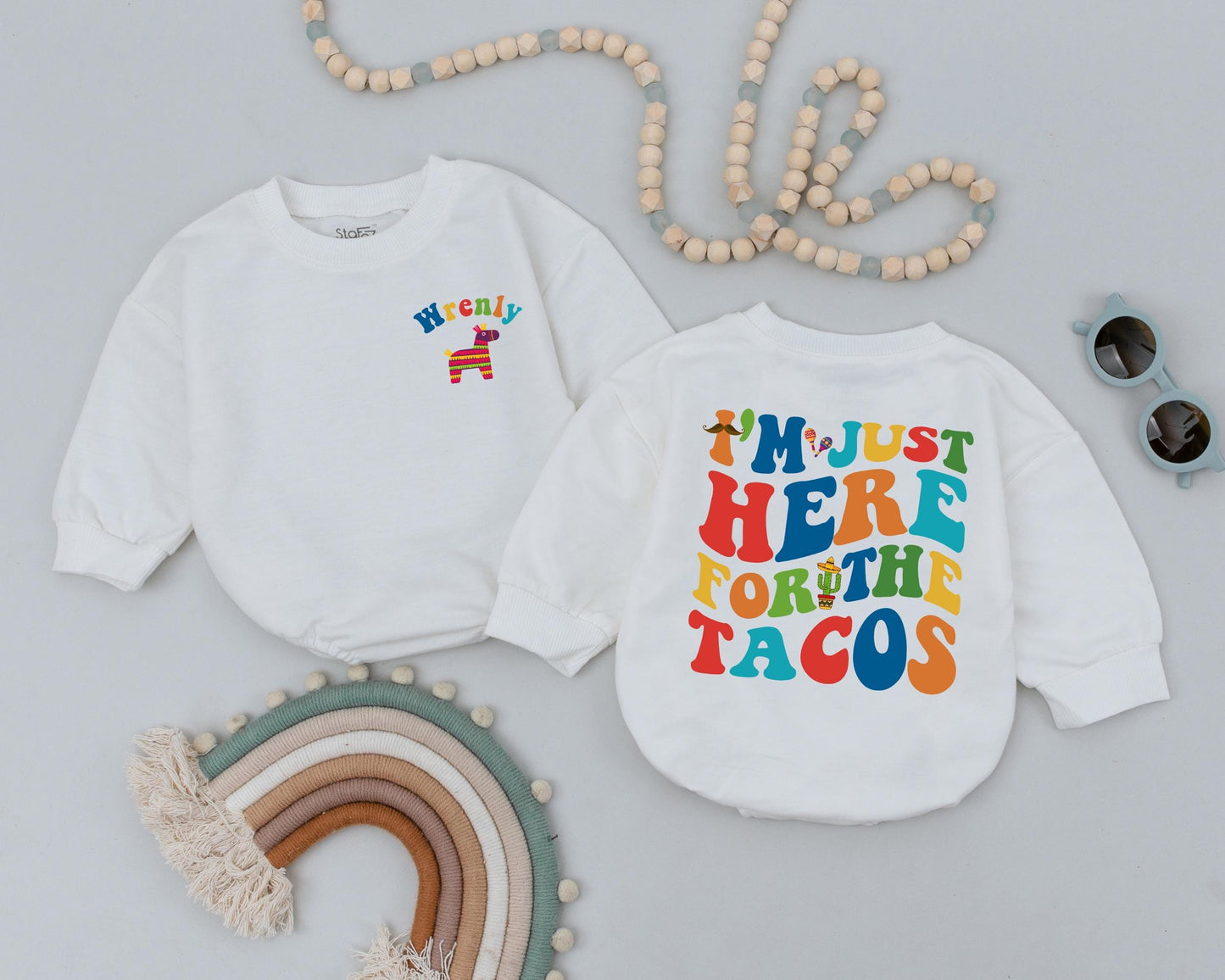I'm Just Here For The Tacos Romper Personalized 1st Birthday Outfit Cute Taco Tuesday Baby Bodysuit Mexican Fiesta Gift