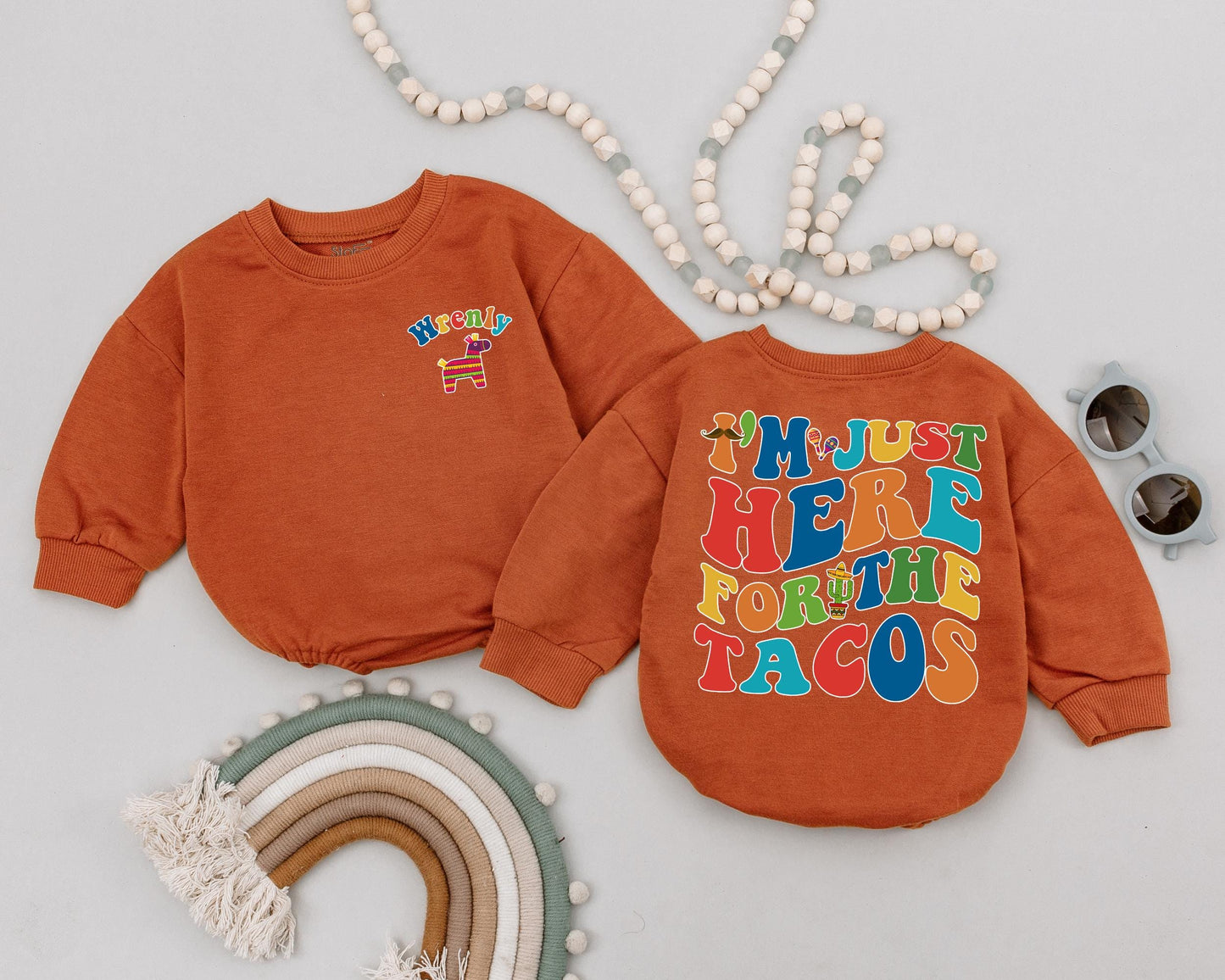 I'm Just Here For The Tacos Romper Personalized 1st Birthday Outfit Cute Taco Tuesday Baby Bodysuit Mexican Fiesta Gift