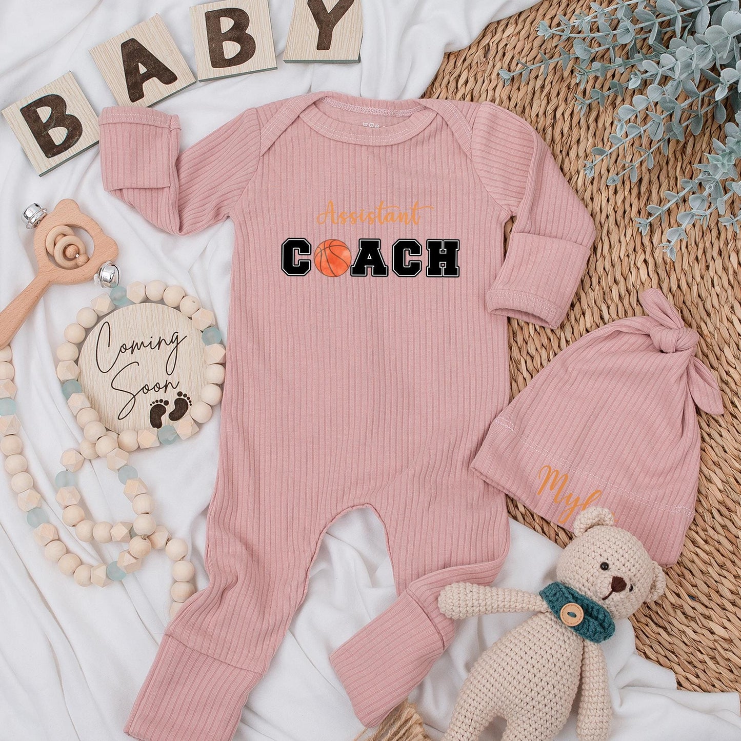 Custom Assistant Coach Basketball Baby Long Sleeve Romper Newborn Gift Baby Shower Coming Home Outfit for Boy or Girl Future Coach