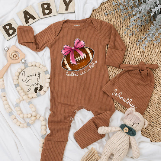 Huddles & Cuddles Football Baby Girl Bodysuit Long Sleeve Outfit Natural Cotton Romper Custom Name Newborn Gift Going Home Outfit Personalized Shower Gift