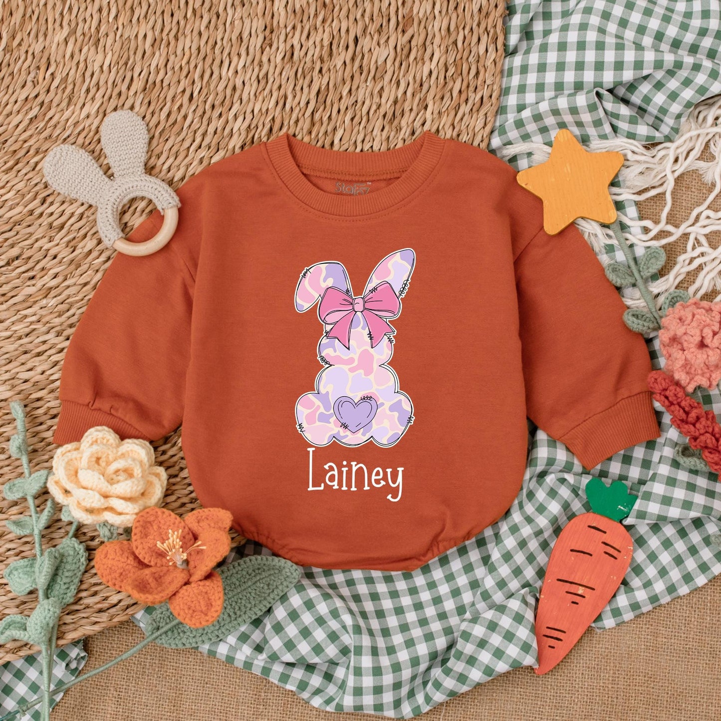Pink Camo Personalized Easter Romper with Bow Baby Girl Bubble Romper Adorable First Easter Day Outfit Shower Gift