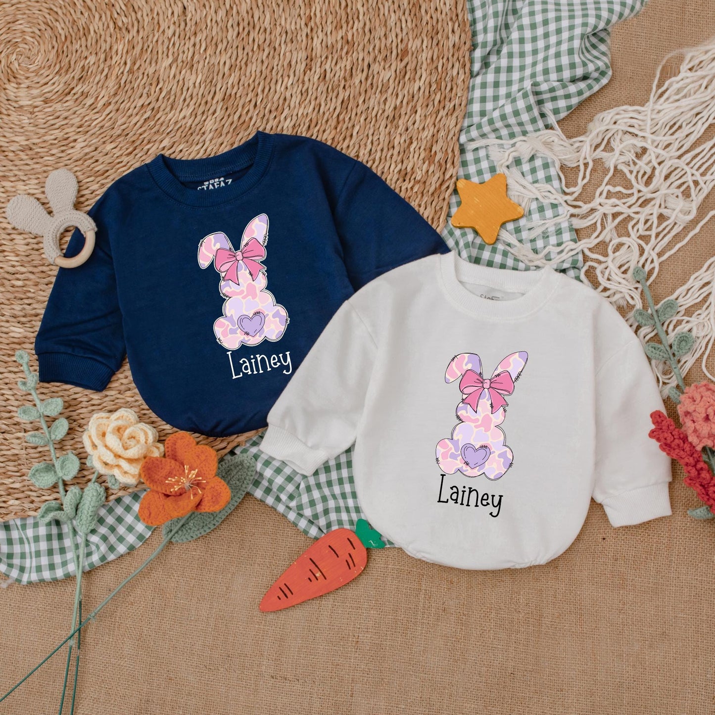 Pink Camo Personalized Easter Romper with Bow Baby Girl Bubble Romper Adorable First Easter Day Outfit Shower Gift