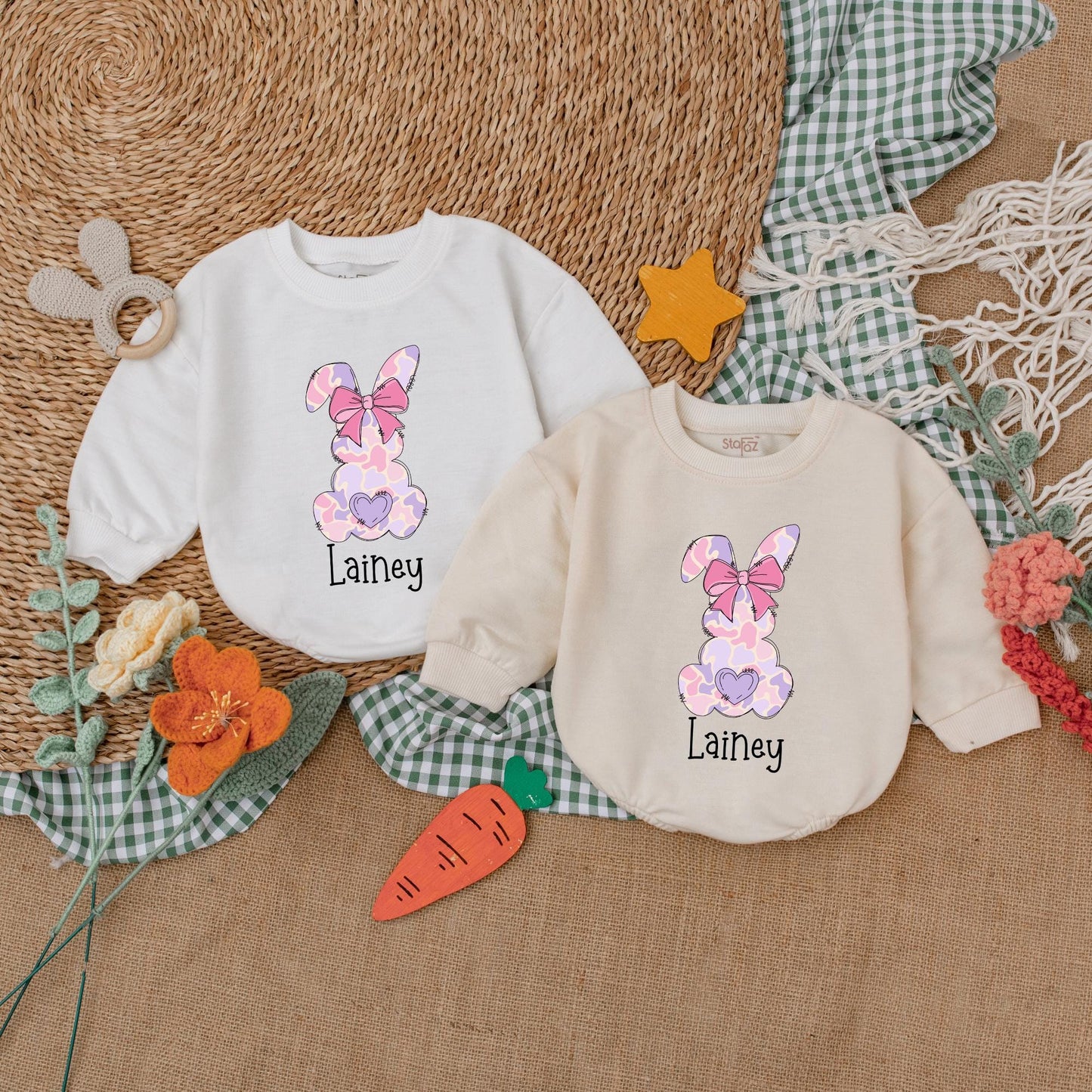 Pink Camo Personalized Easter Romper with Bow Baby Girl Bubble Romper Adorable First Easter Day Outfit Shower Gift