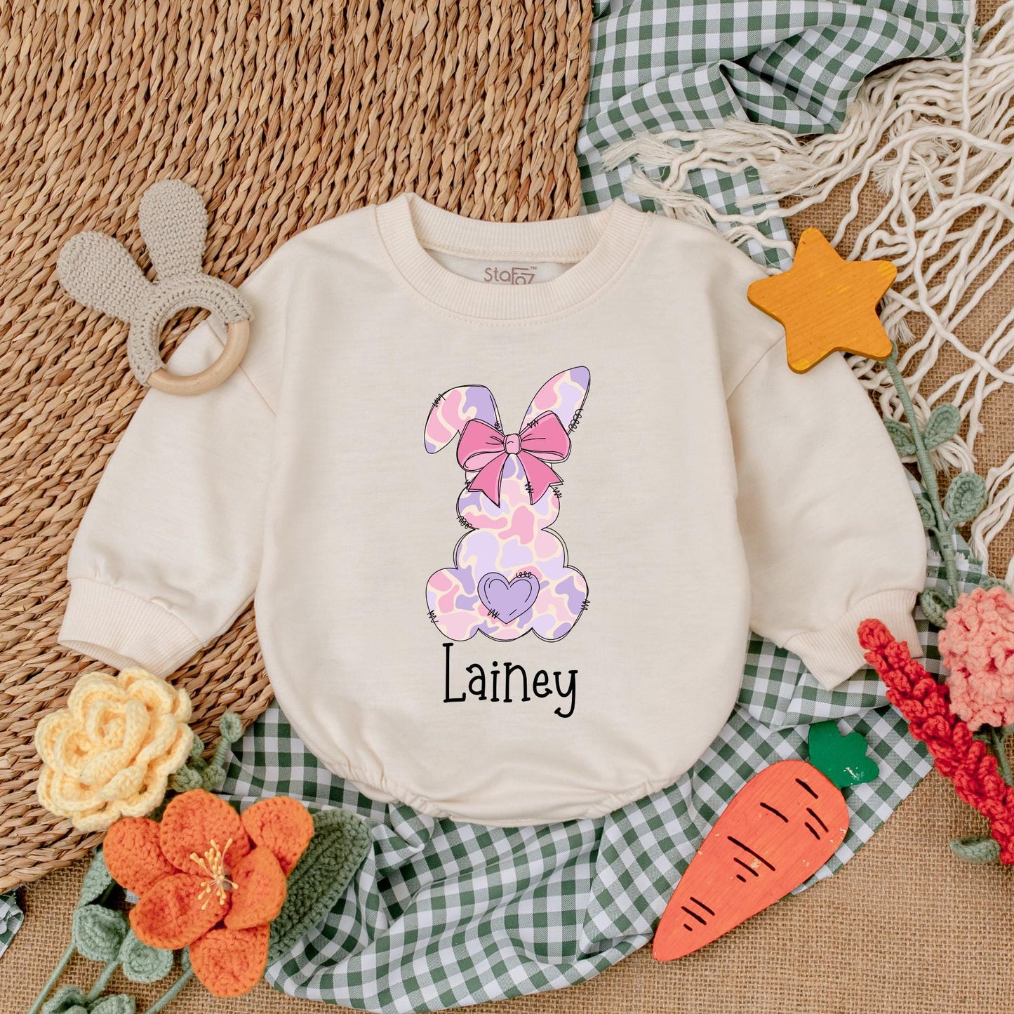 Pink Camo Personalized Easter Romper with Bow Baby Girl Bubble Romper Adorable First Easter Day Outfit Shower Gift